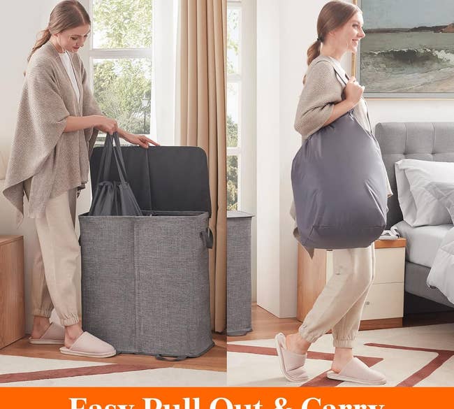 model removing the bag from gray double hamper and then walking with it over their shoulder