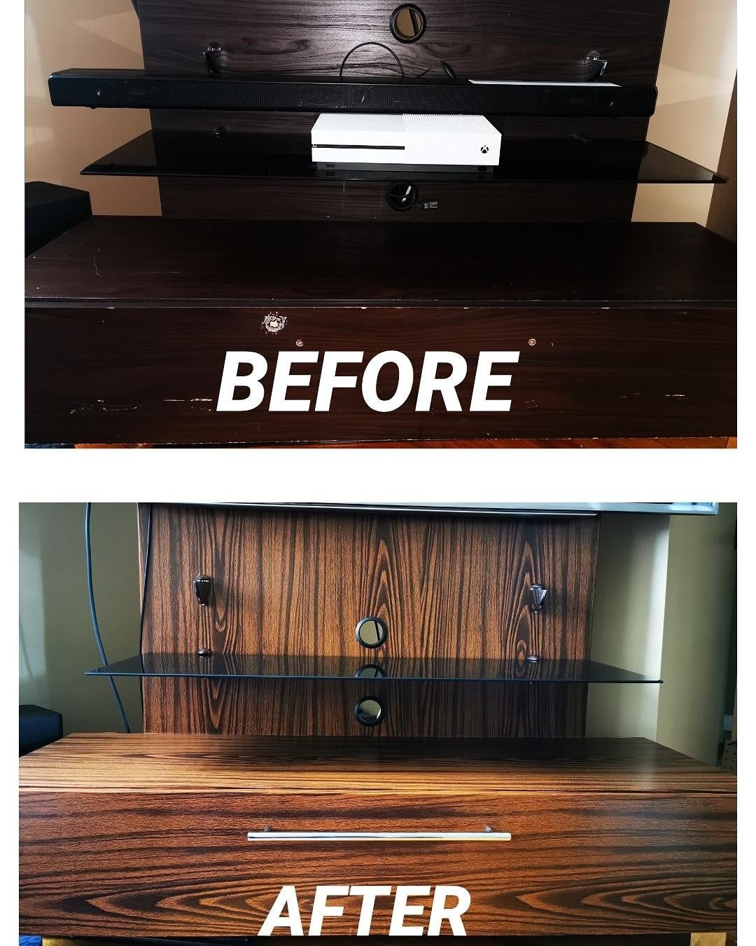 before: console with chipped wood after: console with fresh wood 