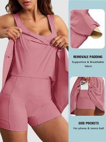 A model lifting the skirt of the dress showing the built-in shorts with pockets