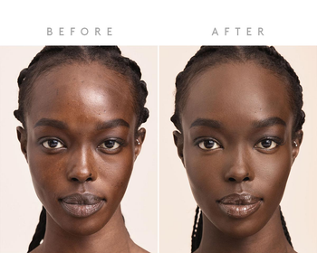 model before and after using skin tint in shade Deep