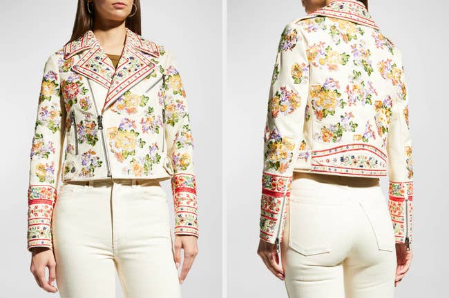 Two images of a model wearing the floral jacket