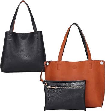 A reversible tote bag show in black and flipped to a brown side with a removable small zippered black pouch 