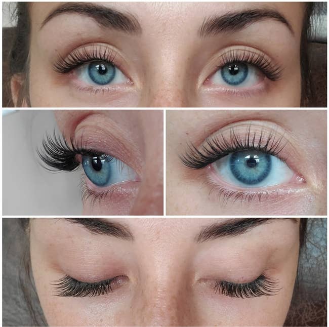reviewer showing the lilac st lashes from various angles