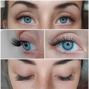 reviewer showing the lilac st lashes from various angles