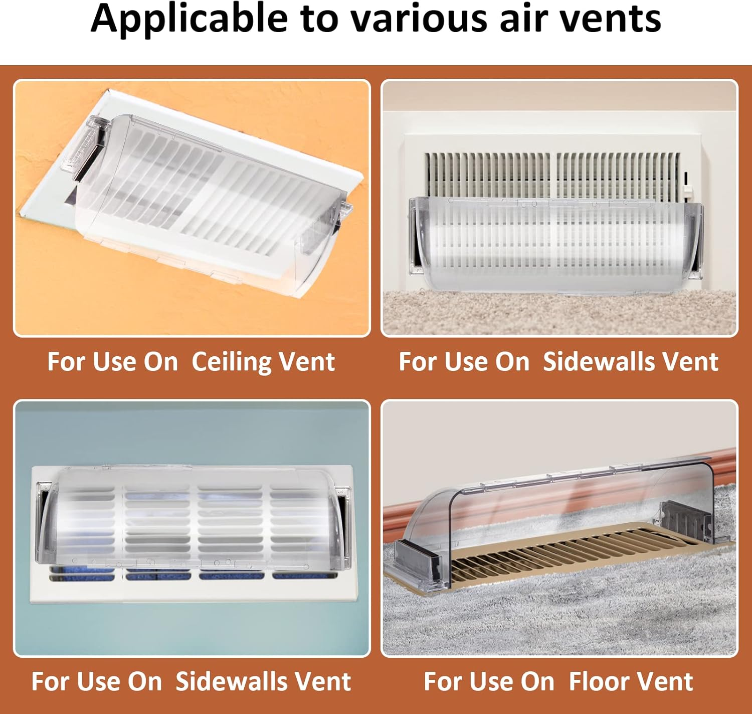 Empat gambar menunjukkan sampul ventilasi udara untuk langit -langit, dinding samping, dan ventilasi lantai