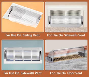 Empat gambar menunjukkan sampul ventilasi udara untuk langit -langit, dinding samping, dan ventilasi lantai