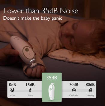 Parent uses a quiescent instrumentality connected a sleeping baby's fingernails, highlighting its debased sound level of 35dB, suitable for maintaining a calm environment