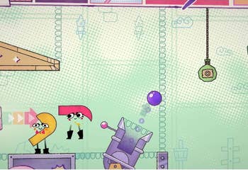 a screenshot from the game showing a pink and an orange character working to hit some levers 