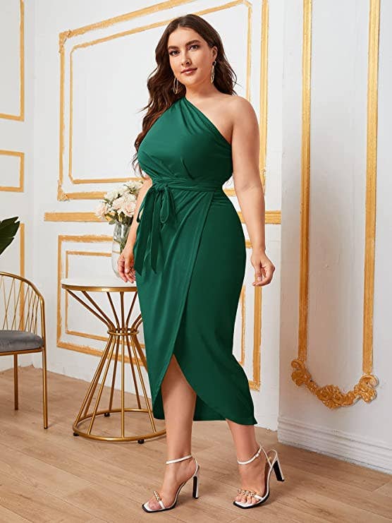 model wearing the emerald green dress with strappy white heeled sandals