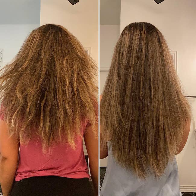 a reviewer's hair before frizzy and after much straighter and less frizzy