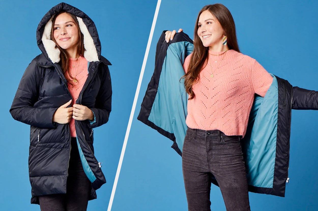 Two images of a model wearing the black jacket