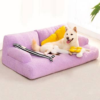 A large  pink dog bed
