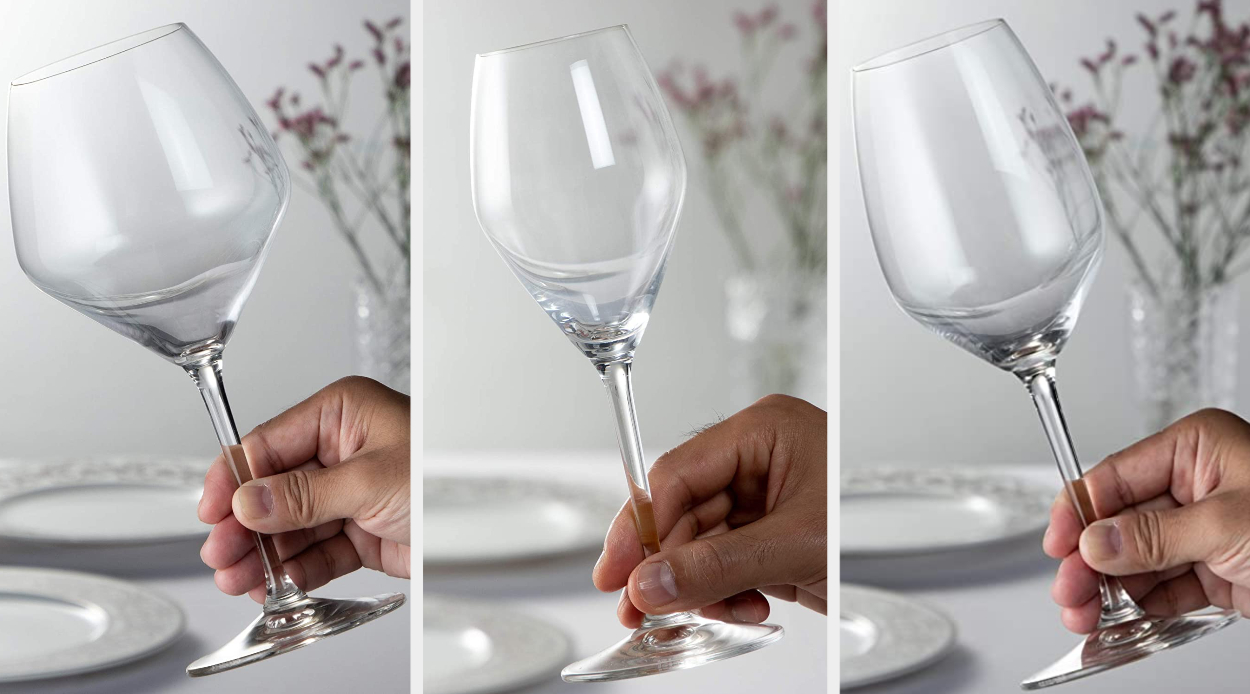 Three images of someone holding different shaped wine glasses
