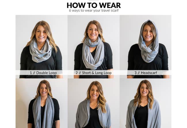 model showing six ways to wear travel scarf