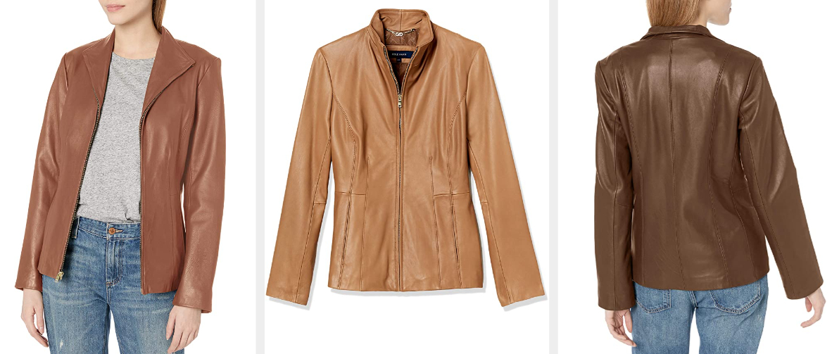 Three images of brown leather jackets