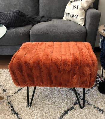 burnt orange ottoman in a reviewer's living room