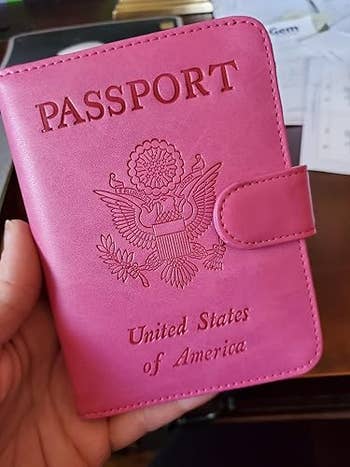 A idiosyncratic   holds a leather passport screen  embossed with 