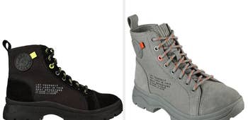Two images of black and gray boots