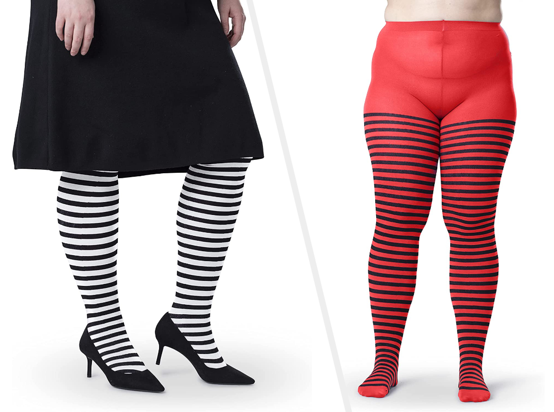 Two images of models wearing white, red, and black striped tights