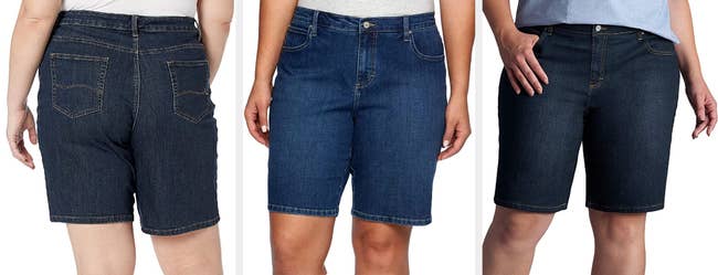 Three images of models wearing blue denim shorts