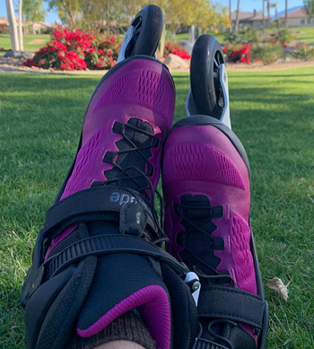 Reviewer wearing the purple skates