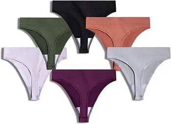 six thongs in lilac, green, black, terracotta, gray, and plum