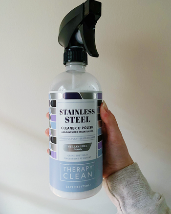 BuzzFeeder holding a bottle of stainless steel cleaner