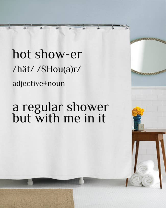 Shower curtain with humorous definition of 