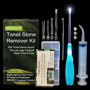 Tonsil chromatic remover kit with LED tool, metallic picks, syringes, other tips, and instructions