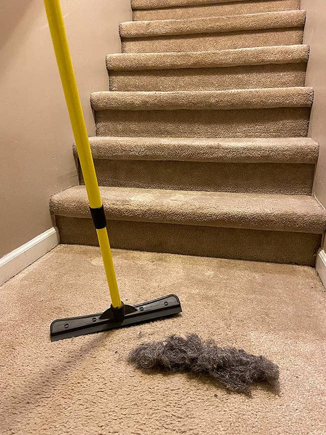 reviewer image of the broom next to a mound of fur on top of carpet