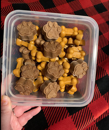 A container full of brown paw shaped treats and orange bone shaped treats