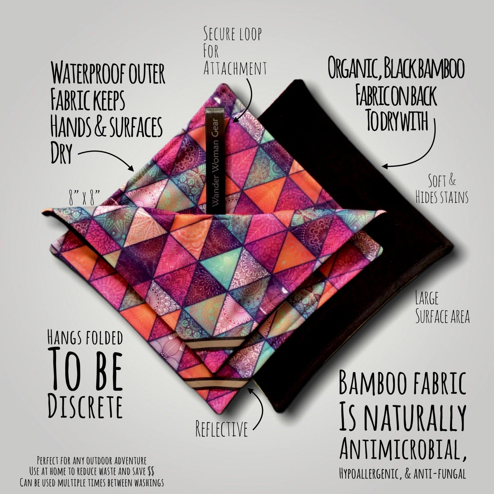 Two square-shaped pee rags with stats showing they're waterproof, made with sustainable bamboo, and black on the inside to hide stains 