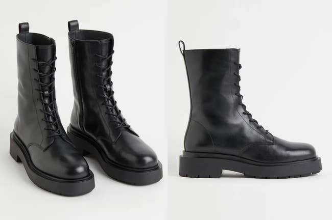 Two images of the black combat boots