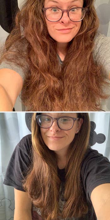 another reviewer shows their natural hair before and straight hair after