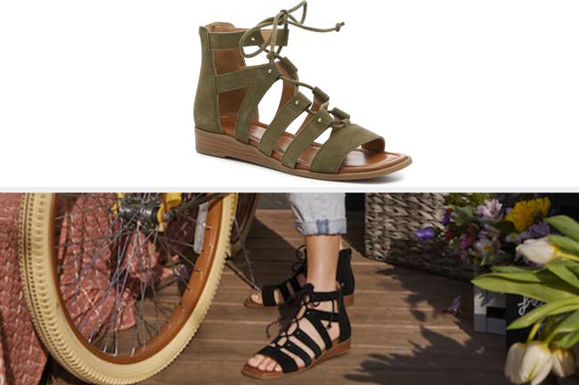 Close up of green suede gladiator sandals, model wearing product in black holding a bike