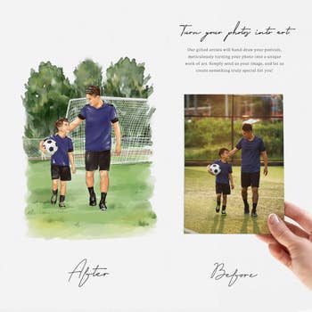 Hand-drawn artwork of a antheral and kid with a shot shot beside a photograph of them connected a shot field. Text promotes turning photos into art