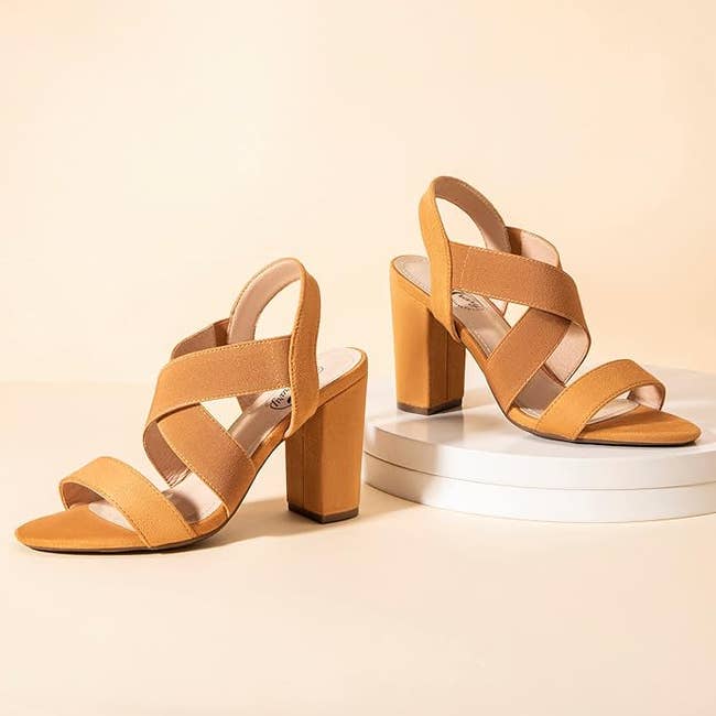 tan strappy thick heel sandals