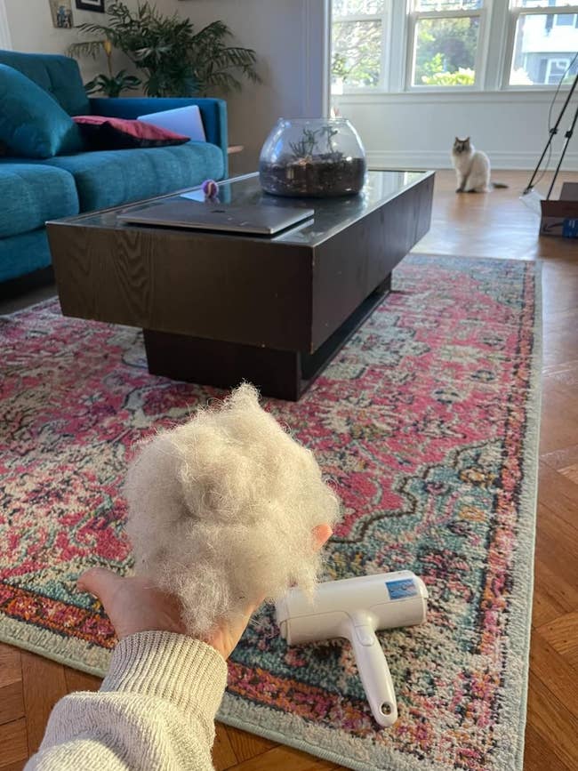 Person holding a clump of pet fur with a lint remover device, in a living room with a cat in the background