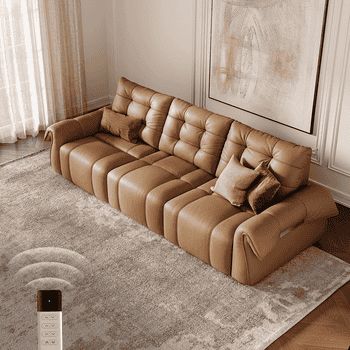 Reclining brownish leather sofa with plush pillows connected a textured rug, featuring a distant power depicting accommodation options for comfort