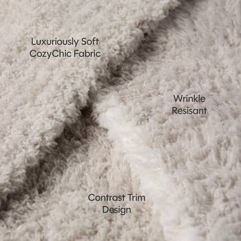 Close-up of a plush cloth  showcasing its softness, wrinkle resistance, and opposition  trim design. Descriptive labels bespeak  CozyChic fabric