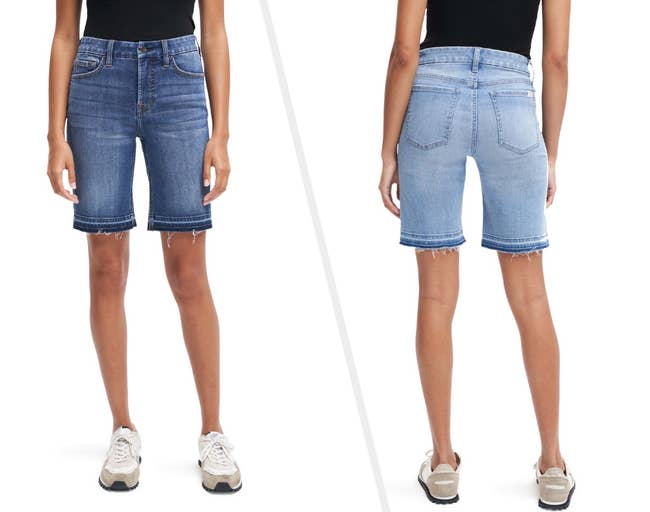 Two images of a model wearing blue Bermuda shorts