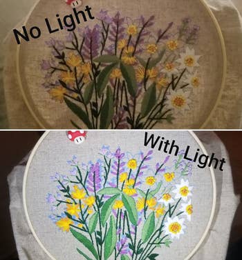 Embroidery hoop with floral design shown in two lighting conditions to display visibility difference