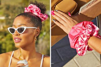A hand with two pink scrunchies, one pink with glitter, one checkerboard two tone pink, and a model wearing the checkerboard scrunchie in a top knot 