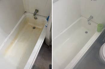 reviewer showing before and after using the pink stuff to clean a bathtub