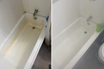 reviewer showing before and after using the pink stuff to clean a bathtub