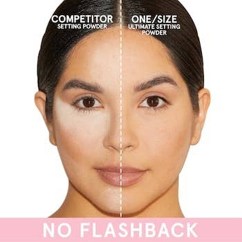 the model with one half of their face showing flashback from a competitor's setting powder and the other side of their face with no flashback from using the o/s powder