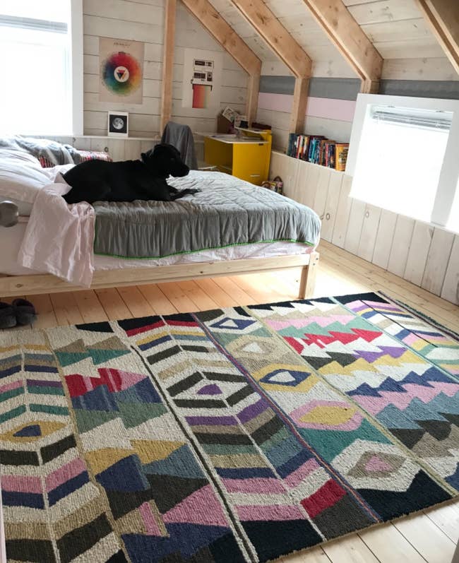 Black dog lying on a bed in a cozy attic bedroom with a large patterned area rug