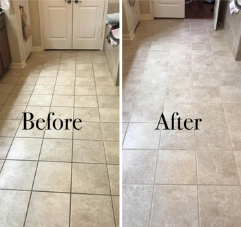 a before and after of a tile floor with dirty grout and a the same tile floor with clean grout