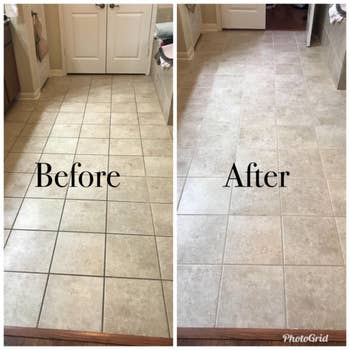 a before and after of a tile floor with dirty grout and a the same tile floor with clean grout