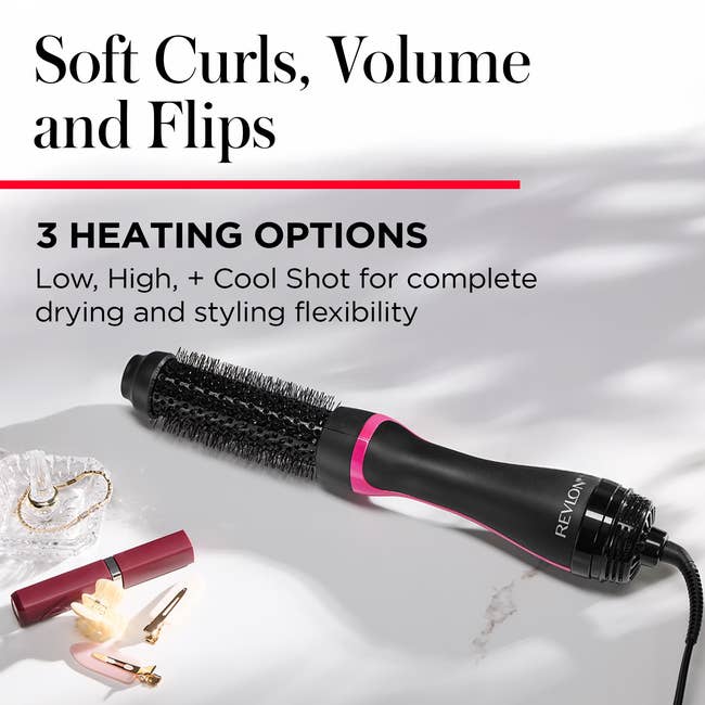 Revlon hairsbreadth styling instrumentality with brushwood attachment connected a surface, marketed for achieving brushed curls and volume; features 3 heating options